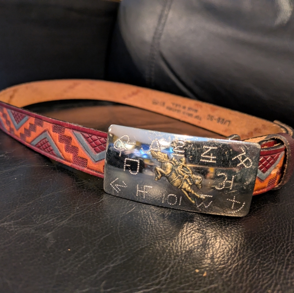Embossed Leather Belt w/ Bucking Bronco Nickel Silver Buckle
